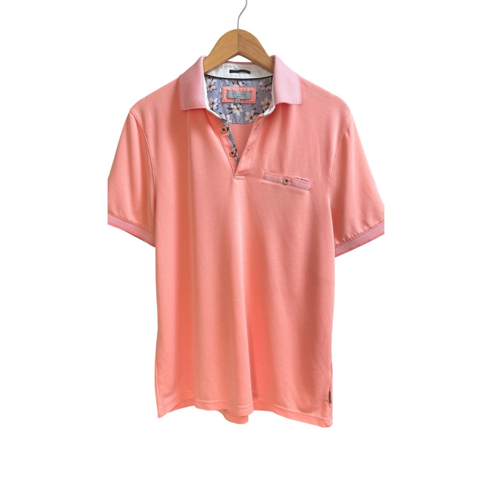 Ted Baker Polo Shirt Salomon Orange Floral Trim Pocket Size 4 Large Smart Casual